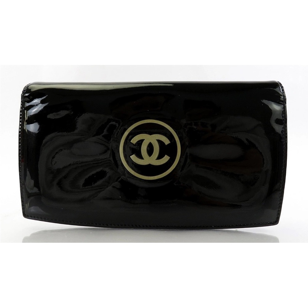 CHANEL Black Patent Wallet with Gold Emblem
